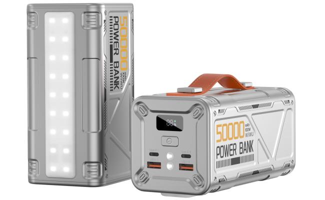 WiWU WI-P029 Armor 100W 50000mAh Power Bank multiple devices, including laptops and smartphones, Dual 100W USB-C, 22.5W USB-A Fast Charging Backup Battery with Built-in Flashlight- Silver